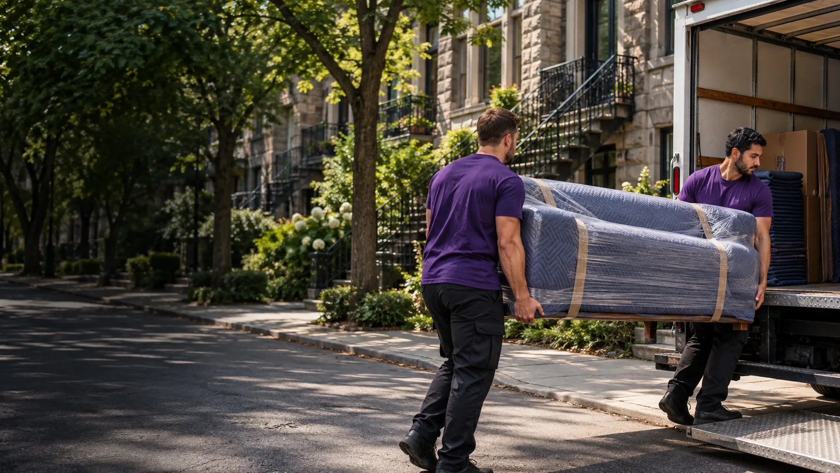 Movers carrying a protected sofa beside a truck on a Montreal street